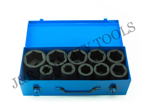 Open blue case with One Inch Drive Deep Impact Socket Set For SAE Fasteners CrV 6 Point High Torque Sockets displayed