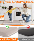Ultra Thick 1 Inch Anti Fatigue Kitchen Mat 20 By 39 Inches Non Slip Waterproof Floor Mat For Standing Desk Kitchen Sink And Home Office Khaki Perfect For Countertops And Long Meal Prep Sessions shown in use with mother and child on kitchen floor.