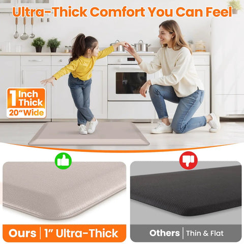 Ultra Thick 1 Inch Anti Fatigue Kitchen Mat 20 By 39 Inches Non Slip Waterproof Floor Mat For Standing Desk Kitchen Sink And Home Office Khaki Perfect For Countertops And Long Meal Prep Sessions shown in use with mother and child on kitchen floor.