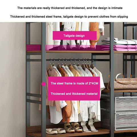 Slick Heavy Duty Walk In Closet Organizer Island With Durable Fabric Enclosure Cover And Three Robust Hanging Rails For Massive Wardrobe Upgrades And Zero Hassle Assembly In Black, showing tailgate design and thickened steel frame.