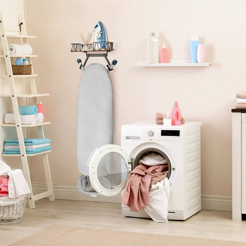 Ultimate No Fuss Laundry Room Space Saver Wall Mount For Ironing Board And Iron Storage with Wooden Base and Basket