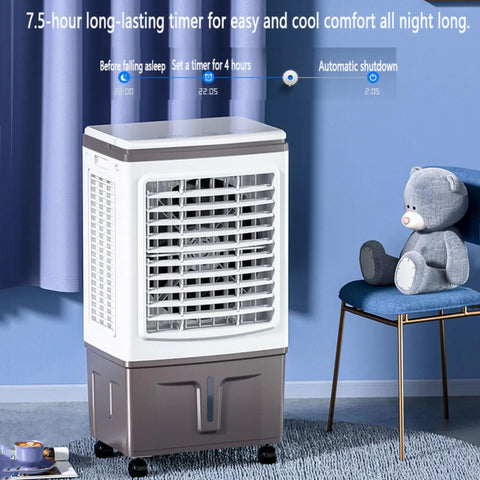 Portable Swamp Cooler With Spacious 30 Liter Water Tank And Two Extra Ice Blocks Delivers No Sweat Cooling Through Evaporative System To Serve Sweet Breeze Along 120 Degree Swing For Patio Hangouts next to a chair with a teddy bear.
