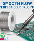 Soldering Kit With Rosin Core Solder Wire And Flux Paste 50g Tin Lead Solder Set next to soldering iron on circuit board