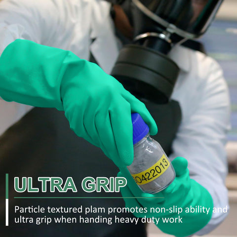 Kick Ass Chemical Resistant Gloves 10 Pack Heavy Duty Nitrile Work Protective Gear Built Different For Acid Oil Alkali Defense 12 Inch Long Rock Solid Industrial, showing ultra grip handling a bottle.
