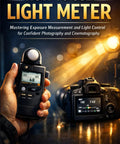 Book cover of Pro Guide To Light Meter Mastery Exposures And Light Control For Confident Photography And Cinematography With Real World Tips For Crisp Balanced Shots, showing a hand holding a light meter and a camera under studio light.