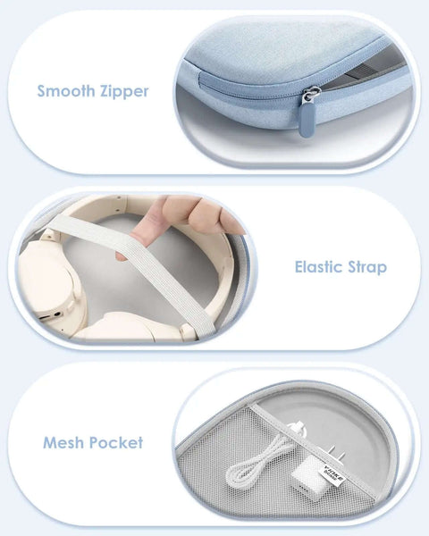 Close-up of Top Tier Hard Shell Protective Carrying Case For Over Ear Headphones showing smooth zipper and elastic strap.