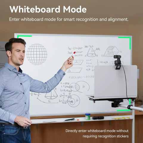 Man demonstrating whiteboard mode using Next Level Dual Camera AI Powered PTZ 4K Webcam for clear teaching and presentation.