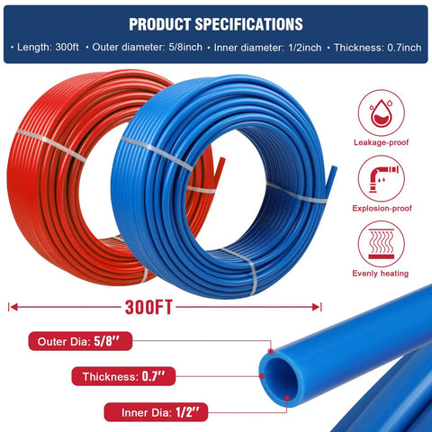 One Half Inch Tubing 300 Feet Two Rolls With EVOH Non Oxygen Barrier PEXB Pipe Durable Leakproof Flexible Easy Install Red Blue