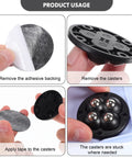 Swivel Caster Wheels 360 Degree Rotation Self Adhesive 12pcs Mini installation steps with adhesive backing and casters.