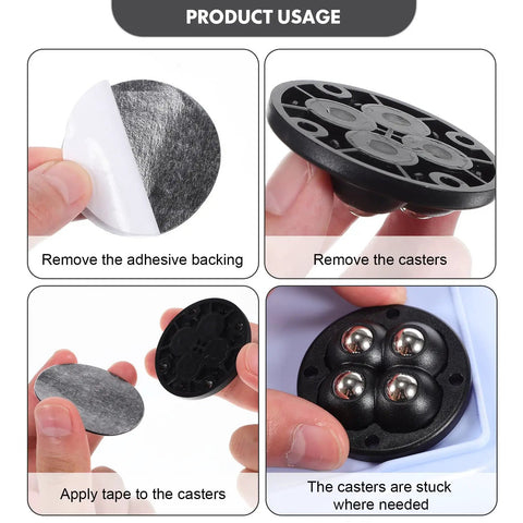 Swivel Caster Wheels 360 Degree Rotation Self Adhesive 12pcs Mini installation steps with adhesive backing and casters.