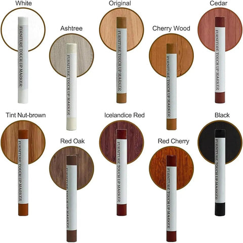 Various colored wax pens for wood repair with color matching samples.