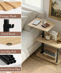 Built Tough 360 Degree Swivel C Shaped End Table With Roomy Three Tier Open Storage Rack And Heavy Duty Metal Frame Featuring Slick Oak Finish For Couch Or Bedside, detail of oak finish and adjustable height.