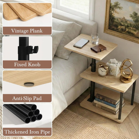 Built Tough 360 Degree Swivel C Shaped End Table With Roomy Three Tier Open Storage Rack And Heavy Duty Metal Frame Featuring Slick Oak Finish For Couch Or Bedside, detail of oak finish and adjustable height.