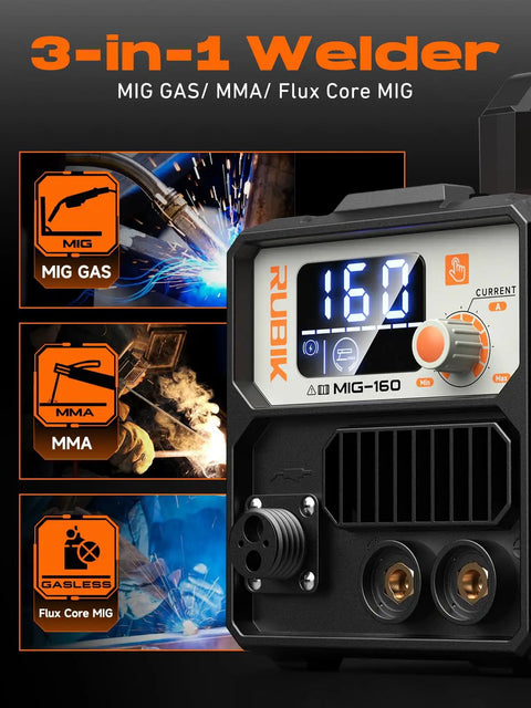 Display panel and controls of Heavy Duty All In One 3 In 1 MIG Welder For Home Shop 110V Gasless Flux Core MIG Lift TIG And Stick Multi Process Inverter
