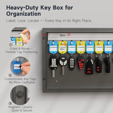 16 Key Wall Mounted Lock Box With 3 Digit Combination Lock And Backup Key For Home Office Rental Property Management Key Organizer Includes Durable Key Tags showing flexible tag use and magnetic closure.