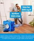 Shield-550 Air Scrubber 550 CFM With 3-Stage Filtration, shown in a room with airflow and size information, ideal for cleanup.
