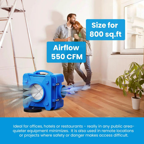 Shield-550 Air Scrubber 550 CFM With 3-Stage Filtration, shown in a room with airflow and size information, ideal for cleanup.
