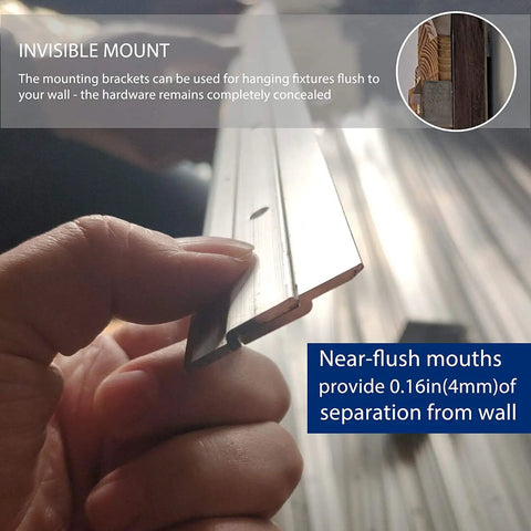 Built Like A Tank Aluminum French Cleat Picture Hanger 18 Inch Set close-up of invisible mount with 0.16in separation from wall.