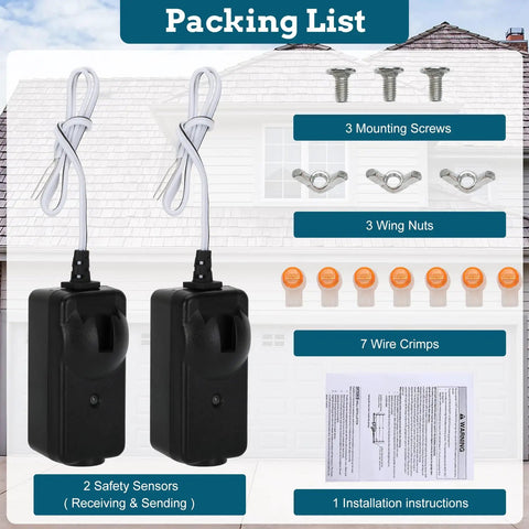 Universal Garage Door Safety Sensor Kit 41A5034 With 2 DIY Friendly Sensors, Mounting Screws, Wing Nuts, Wires And Crimps, Replaces G801CB-P, Fits Most Openers Made After 1997, Compatible With LiftMaster Chamberlain Sears Craftsman, 10 Year Warranty image showing full kit components.