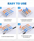 Lever wire connector block with orange/blue levers, showing 4-step splicing for 28-12 AWG wires.