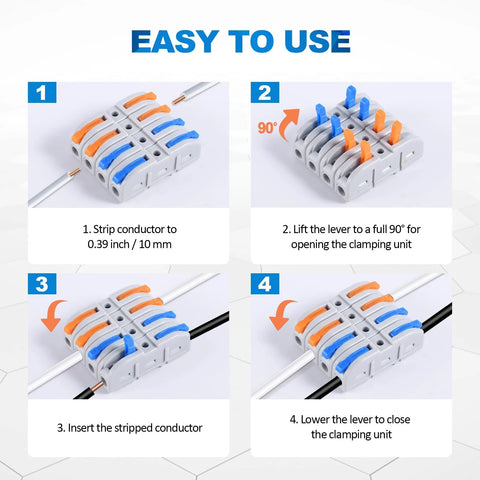 Lever wire connector block with orange/blue levers, showing 4-step splicing for 28-12 AWG wires.
