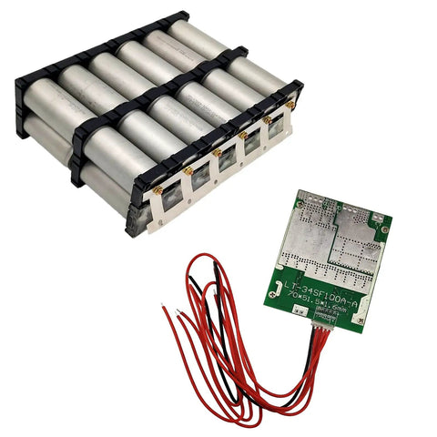 Beefy 4S 100A 12V BMS Protection Board With Smooth Cell Balancing For LiFePO4 Battery Banks, battery pack and circuit board setup.