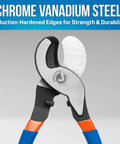 Heavy Duty High Leverage Cable Cutter With Knuckle Safe Flared Handles And Tough As Nails Chrome Vanadium Steel Blades close-up view of cutting edge.