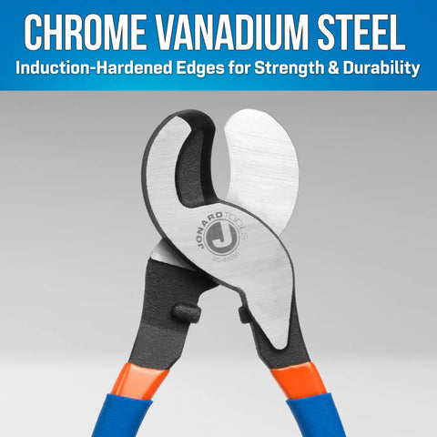 Heavy Duty High Leverage Cable Cutter With Knuckle Safe Flared Handles And Tough As Nails Chrome Vanadium Steel Blades close-up view of cutting edge.