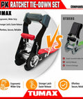 Comparison of Four Piece Heavy Duty Ratchet Tie Down Straps For Truck And Motorcycle Cargo with ergonomic grip and stronger latch.