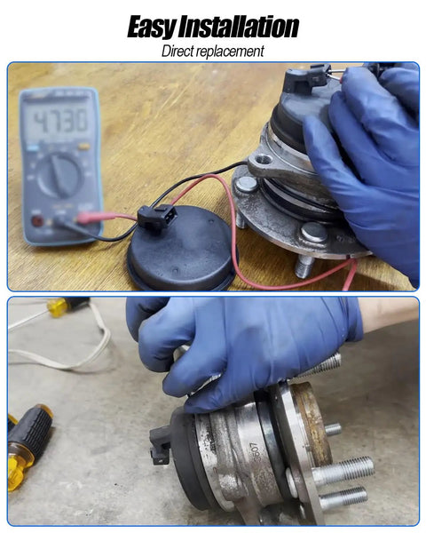 Pair Of Rear Hub Bearings With Abs Speed Sensor For Kia Soul Ev 2014 To 2019, showing installation process with multimeter and connectors.