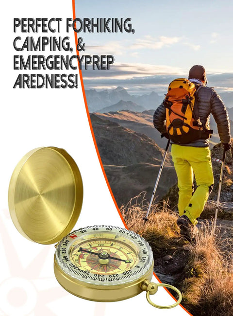 Waterproof Brass Compass For Hiking And Survival With Large Dial And Glow In The Dark Markings shown with hiker on mountain