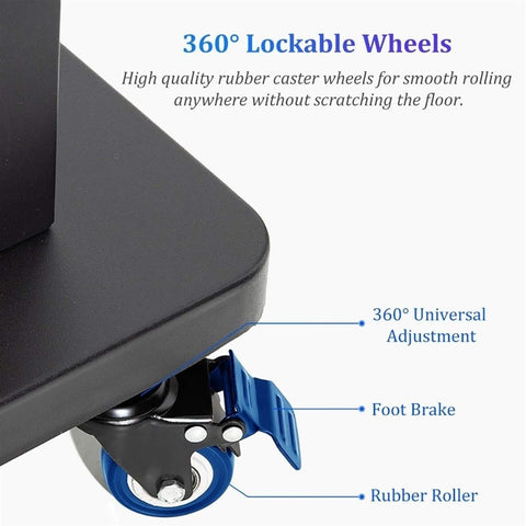 Heavy Duty Rolling TV Cart For 55 To 90 Inch Screens With Lockable Rubber Wheels and sliding foot brake for easy mobility.
