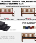 Image showing Extra Thick Memory Foam Outdoor Bench Cushion 3.5 Inch Thick Comfy Waterproof Pad with size guides and color options.