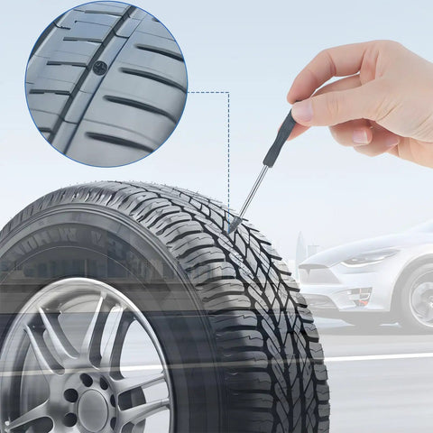 Hand using 30 Pcs Tire Repair Nails Self Tapping Screws Rubber Screws Self Service Tire Repair Kit on car tire with puncture detail