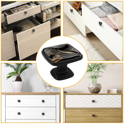 Abstract Marble Fluid Art Black Gold Drawer Pulls 4 Pack Clear ABS Glass Cabinet Handles with screws in modern home settings