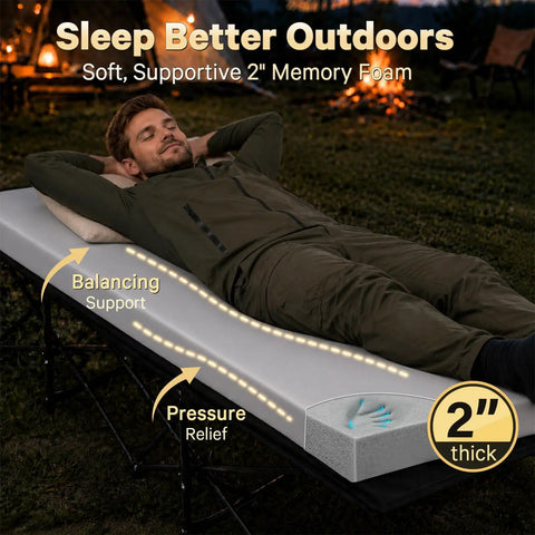 Person resting on 2 Inch Memory Foam Comfy Camping Cot Pad For Folding Cots With Removable Cover Non Slip Waterproof Bottom