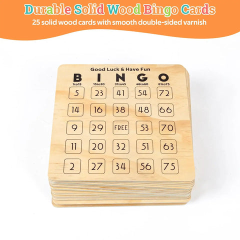 Deluxe Wooden Bingo Game Set With Large Metal Cage, wooden bingo card stack with numbers and smooth varnish
