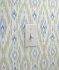 Next Level Ikat Stripes Faux Vinyl Wallpaper With Durable Subtle Leather Grain Finish engineered for bustling commercial spaces, featuring green and blue designs.