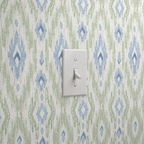 Next Level Ikat Stripes Faux Vinyl Wallpaper With Durable Subtle Leather Grain Finish engineered for bustling commercial spaces, featuring green and blue designs.