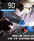 Portable Arc Welding Gun 110V 90A Stick Welder With IGBT Inverter Lightweight 3.3 Lbs Handheld Welder with digital display and copper clamp, ideal for 1/16 to 1/8 inch electrodes, shown in use.
