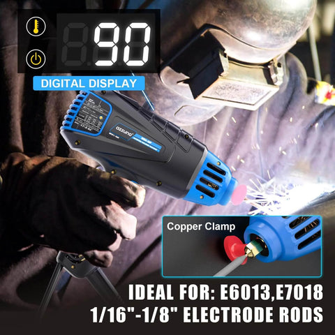 Portable Arc Welding Gun 110V 90A Stick Welder With IGBT Inverter Lightweight 3.3 Lbs Handheld Welder with digital display and copper clamp, ideal for 1/16 to 1/8 inch electrodes, shown in use.