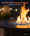 2-In-1 50,000 BTU Propane Fire Pit Table, 30 Inch Round Outdoor Fire Pit For Backyard Patio with visible flames, night setting