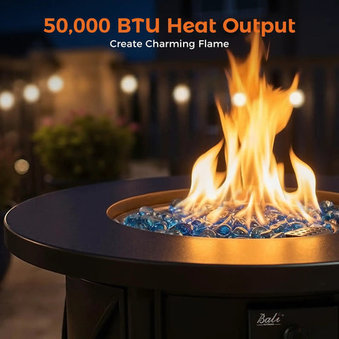 2-In-1 50,000 BTU Propane Fire Pit Table, 30 Inch Round Outdoor Fire Pit For Backyard Patio with visible flames, night setting