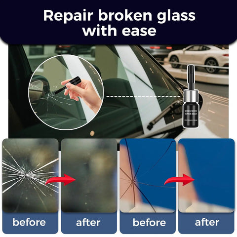 Windshield Chip Repair Kit For Cars With Clear Nano Resin To Fix Chips And Cracks In Auto Glass Easy DIY Quick Fix For Bullseyes Half Moon Cracks Star Damage And Scratches Under 12 Inches, showcasing before and after results of glass repair.
