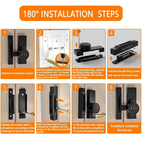 Installation steps for keyless 3 digit combination gate latch for barn doors and cabinets with silvery finish and easy operation.