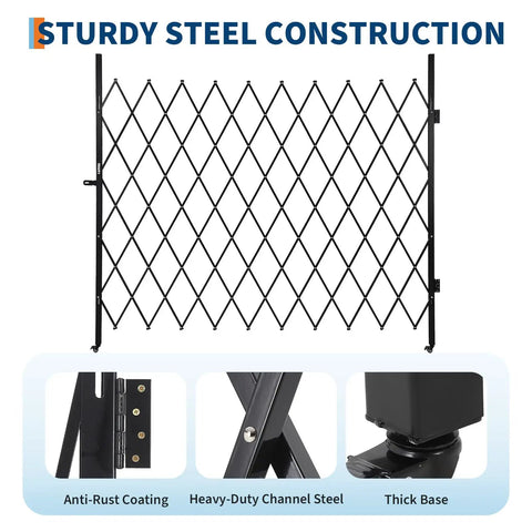 No Fuss Expandable Folding Security Gate Aluminum Alloy Metal Barricade With Slick Rolling Lockable Casters For Quick Setup And Tight Perimeter Guard Wall, black steel construction with anti-rust coating.