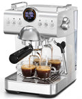 Real Deal Instant Heat Espresso Machine With 20 Bar Pressure Pump And Dual Hot Cold Brew Modes For Smooth Iced Americanos And Fast Kitchen Coffee Fixes That Totally Hits Different Every Morning brewing coffee into two glass cups, silver finish and modern design.