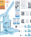 Three In One Button Maker Kit With 25mm 32mm And 58mm Sizes, Ergonomic Arc Handle Punch Press, 300 Button Parts, DIY Badge Maker Totally Fun For Kids And Crafters, Create Badges, Keychains, Magnets, Mirrors, And More, Panda Book Included Blue with accessories.