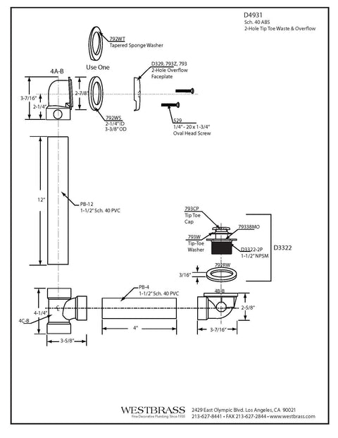 Technical diagram of Tip Toe Schedule 40 ABS Bath Waste with Two Hole Elbow Matte Black Finish Tub Drain Assembly showing dimensions and components.
