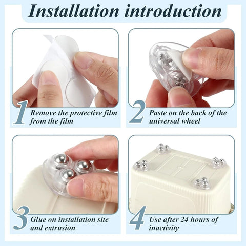 Steps for installing Mini Universal Caster Wheels For Furniture Self Adhesive Ball Castors Flat Mount ABS Material 20 Lbs Per Wheel 12 Pieces Clear Finish on storage box